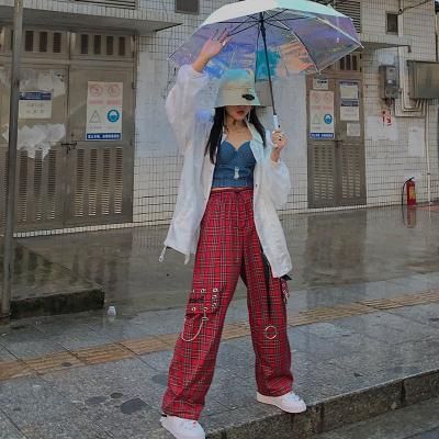 China Punk Chain Wide Leg Anti-wrinkle High Leg Waist Plaid Pants For Women Vintage Pants Streetwear Hip Hop Plaid 2020 Fashion for sale