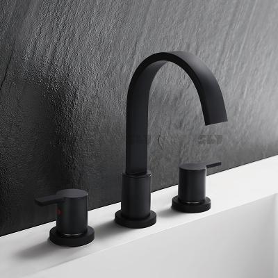 China New Design 3 Hole 2 Handle Copper Faucets Black Brass Metered Bathroom Faucet Mixer Tap With Cupc for sale