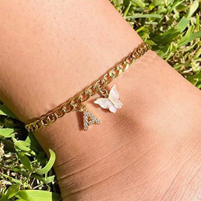 China CLASSIC Jewelry A-Z Letter Ankle Personalized 14K Diamond Initial Butterfly Anklets Women Gold Plated Fashion Beach for sale