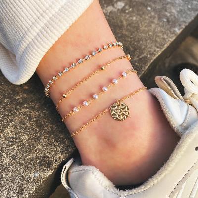 China New Arrival CLASSIC Beach Jewelry 4 Pcs / Rhinestone Bead Chain Layered Anklet Multilayer Gold Plated BOHO Set Anklet For Women for sale