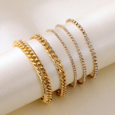 China 5Pcs Fashion CLASSIC Minimalist Gold Chain Anklets Geometric Rhinestone Set Anklet Jewelry For Women Wholesale for sale