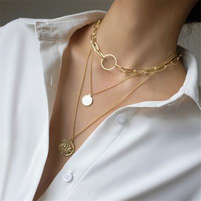 China Fashion Layered Necklaces For Women Fashion Round Plate Link Chain Triple Coin Pendant Necklace 18k Gold for sale