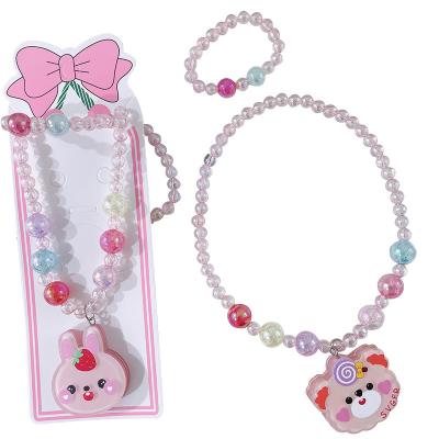 China 2023 New Fashionable 2-Piece Children's Cute Necklace Cartoon Beads Little Bear Rabbit Glow Necklace Pendant Bracelet Set For Kids for sale