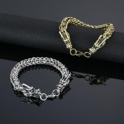 China Classic Punk Gold Plated Stainless Steel Double Dragon Head Bracelet Men Personality Fine Jewelry Bracelets Link Chain Bracelet for sale