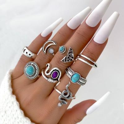 China INS Wind 8 Pcs / Set Moon Open Rings Set Bohemia Ladies Fishtail Turquoise Adjustable Vintage Silver Snake Ring For Women for sale