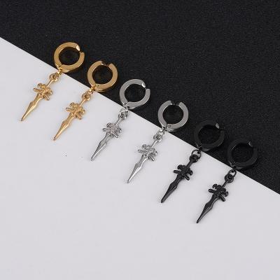 China Fashion Punk Braiding Stainless Steel Smooth Earrings Creative Sword Cross Dangle Thin Circle Hollow Earrings Jewelry Earrings for sale