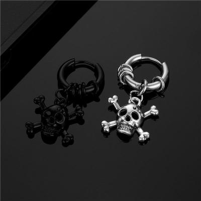 China New Arrival Punk All Stainless Steel Black Silver Color Coil Skull Delicate Punk Head Dangle Round Circle Earrings For Men for sale