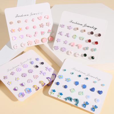 China Korean Fashion Cute Candy Color Cartilage Earring Set Cute Alloy Plating Simple Heart Flower Stud Earrings 12pairs Stud Earrings For Women for sale