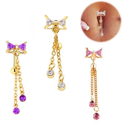 China FASHIONABLE Good Quality Belly Jewelry Piercing Gold Plated Long Chain Dangle Belly Rings Pink Purple Zircon Bow Belly Button Ring Beautiful for sale