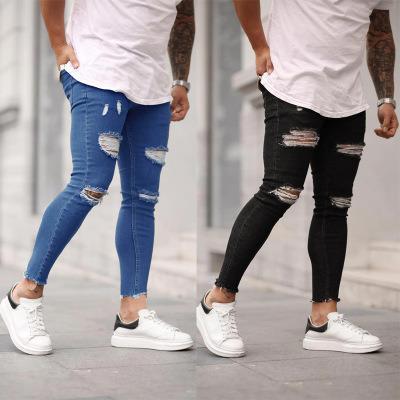 China Viable wholesale men's ripped stretch jeans european and american factory men's border ripped ripped jeans nine cent jeans men for sale