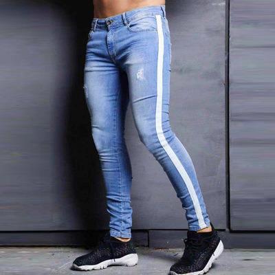 China Factory wholesale jeans viable Europe and the United States fashion waist leg pants men's jeans knee patch flat thin hole jeans small for sale