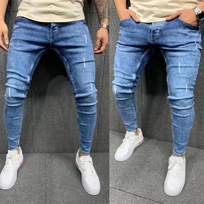 China New Factory Wholesale Blue Men's Jeans 2021 Viable During Small-Foot Stretch Jeans Fringed Tight Jeans Men for sale