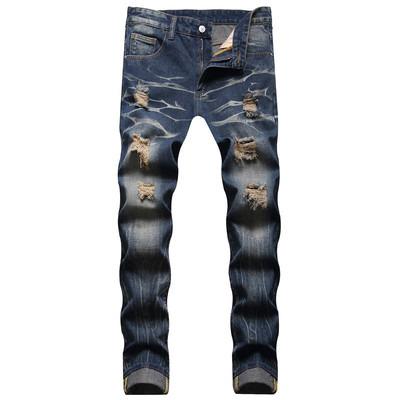 China Wholesale New Straight Leg Men's Jeans Plus Size Men's Jeans With Holes Ripped Nostalgic Dark Blue Four Season Jeans For Men for sale