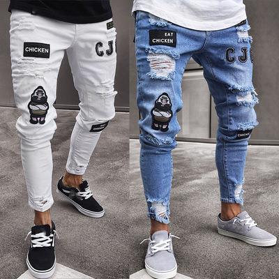 China Durable Europe and the United States wholesale men's jeans fabric embroidery hole tight locomotive pants jeans for men for sale