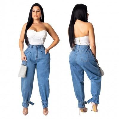 China Low price QUICK DRY 2021 European and American women's straight NO-bullet wide leg women's straight jeans-washed pants leg strap jeans for sale