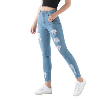 China QUICK DRY manufacturers wholesale European and American women's jeans flat waist ripped jeans stretch wash slim nostalgic women jeans for sale