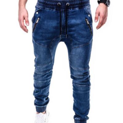 China Viable manufacturers wholesale hot new European and American men's jeans washed denim fabric casual sports pants ties jeans for sale