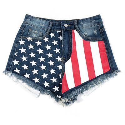 China New European and American jeans viable border straight leg shorts American flag star print lattice fringed shorts for women for sale