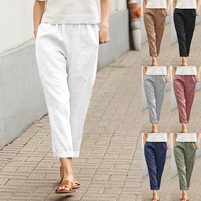 China European and American Women's Anti-Wrinkle Large Pockets Solid Color Comfortable Cotton and Straight Women's Leg Pants Canvas Casual Pants for sale