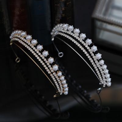 China Simple Pearl Headband Rhinestone Rhinestone Crown Headpiece Bridal Crown Wedding Dress Accessories D=13.5cm for sale