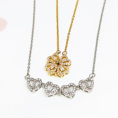 China Creative High Quality Folding Stainless Steel Clavicle Chain Micro Inlaid Zircon Necklaces Four Leaf Magnetic Heart Shape Necklace for sale