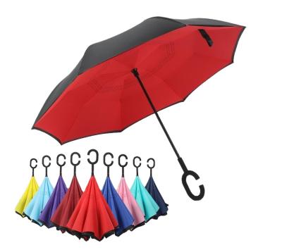 China 2022 Modern Promotional Cheap Reverse Umbrella Fiberglass Reversed C Shape Handle Car Umbrella With Custom Logo for sale