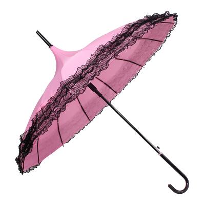 China Special Customized Wholesale Anti-UV Pink Umbrella Sunproof Lace Trim Pagoda Umbrella With Hook Handle for sale