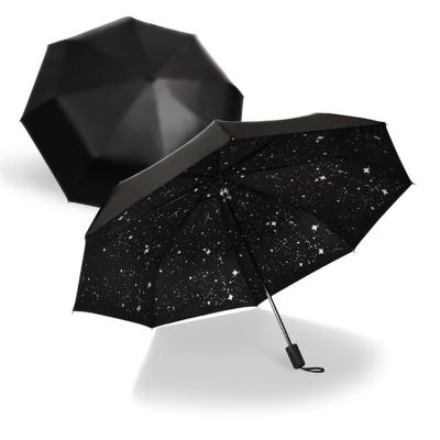 China 190t Pongee UV Protection Black Star Three Fold Folding Umbrellas With Full Printing Inside for sale