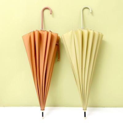 China Custom Customized Automatic Open Straight Umbrella Special Logo Promotional Solid Color Leather J 16K Handle Paraguas for sale