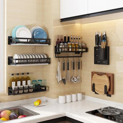 China Kitchen Wall Rack Dish Organizer Seasoning Holder Stainless Steel Wall Hanging Shelf Stocked for sale