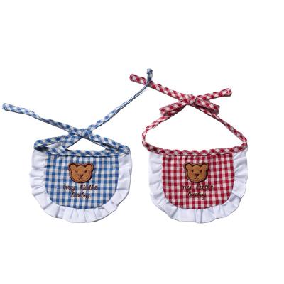 China Lovely Red and Blue Stocked Plaid Bear Embroidered Dog Bib Pet Bandana for sale