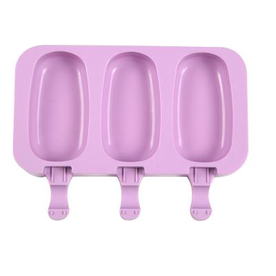 China 2021 Success Food Grade Silicone Ice Cream Mold DIY Cartoon Viable Popsicle Molds 3 Hole Oval Mold, With Lid 50 Wooden Stick for sale