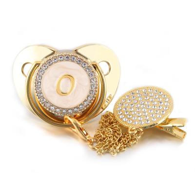 China Bling Diamond Baby Feeding Bottle Gold Dummy Pacifier Holder Box Chain Case BPA Free Luxury Custom Pacifier Clip for sale