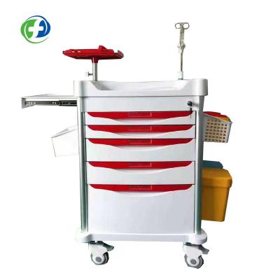 China Industrial Hospital Surgical Instrument Room Nursing Red 5 Drawer Manual Medical Trolley for sale