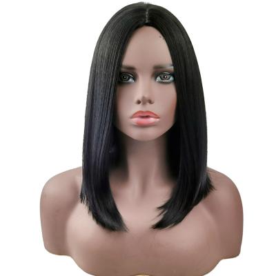 China HOT Selling High Quality Afro Straight Pre Plucked Synthetic Wigs Heat Resistant Fiber 21inch 140g Straight Hair Black Frontal Front Wigs for sale