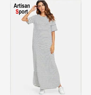 China Anti-Static Hot Selling Fancy Side Split Maxi Women Casual Spandex Cotton Long Summer Dresses T-shirt Dress Striped Short Long Sleeve Dress for sale