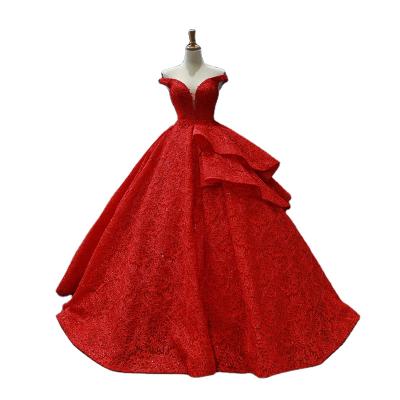 China Luxury Red Applique Neckline Dry Cleaning Lace Dress Strapless Prom Dress Wedding Dress for sale