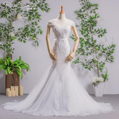 China New Bridal Dry Cleaning Grid Sleeve Women Wedding Mermaid Pearl Lace Embroidered Short Wedding Dresses For Women for sale