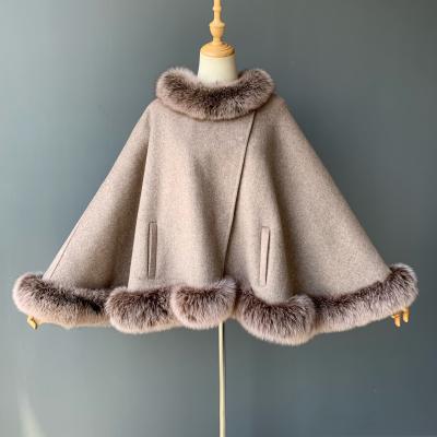 China Factory Wholesale New Design Women Reversible Twisted Real Fox Fur Collar Cashmere Cape 100% Wool Coat for sale