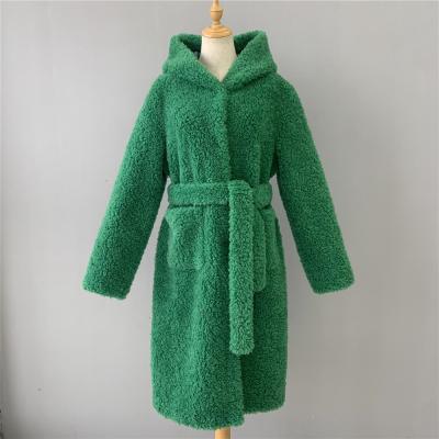 China Autumn Winter Popular Green Color Reversible Hooded With Belt Thin Style Shearling Sheep Genuine Fur Coat for sale