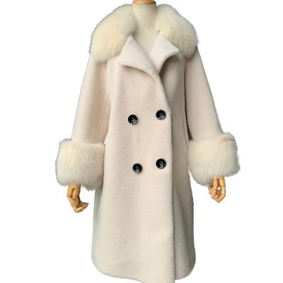 China Factory Wholesale Sheep Real Fox Fur Collar Fashion Winter Outerwear Reversible Warm Fur Coat Women Shearling for sale