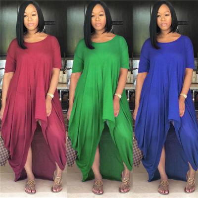 China Dry cleaning new 2021 summer women's irregular casual dress plus size solid color loose dress for sale