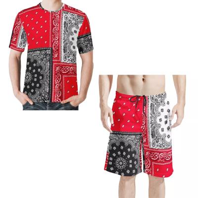 China Custom Made Men's Fashion Beach Wear Shirt and Beach Pants Set Polyester/Casual Men's Bandana T-shirt Cotton and Paisley Style Floral Print Shorts Set for sale