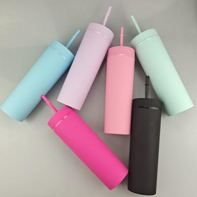 China Durable Double Wall Plastic Tumblers 16OZ Skinny Tumblers Matte Colored Acrylic Tumblers for sale