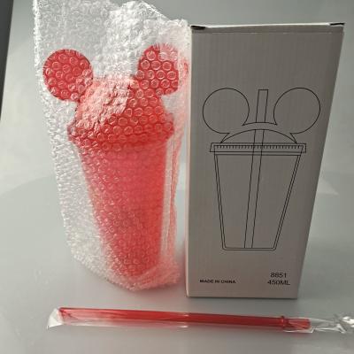 China Viable Warehouse Local Wholesale Usable 450ml Ear Tumbler With Straw Red Mickey Mouse Cup Acrylic Ear Tumbler for sale