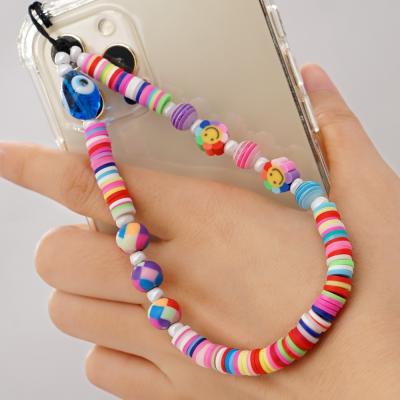 China 2021 New Mobile Phone Strap Colorful Polymer Clay Evil Eye Bead Phone Chain Cute Smiling Face Chain Wholesale For Women Summer Jewelry for sale