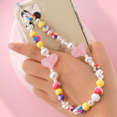 China Cute Acrylic Pink Heart Beads Phone Chain Customized Bead Phone Chains Diy Beaded Phone Charm Chain for sale