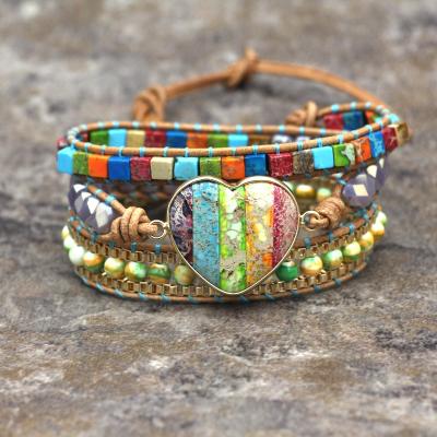 China BOHEMIA 7 Chakra Wrap Leather Bracelet Multi Colors Natural Stone Heart Shape 3 Layers Bead Jewelry Bracelet Dropshipping for sale