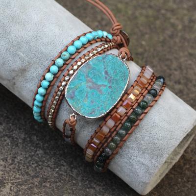 China BOHEMIA Women New Designer Gift Handmade Mixed Turquoise Fashion Boho Bracelet Natural Stones Charm 5 Strands Wrap Bracelets for sale