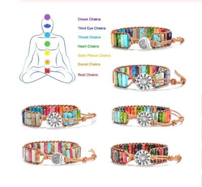 China Natural Healing BOHEMIA 7 Chakra Reiki Stone Beaded Bracelets For Women Men Handmade Leather Rope Wrap Yoga Flower Jewelry Gift for sale